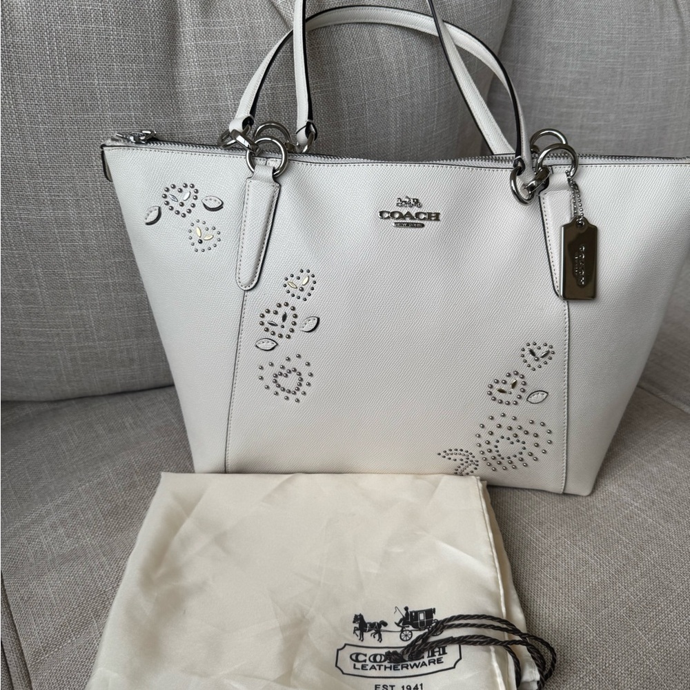 Coach White Leather Studded Tote with Silver Hardware